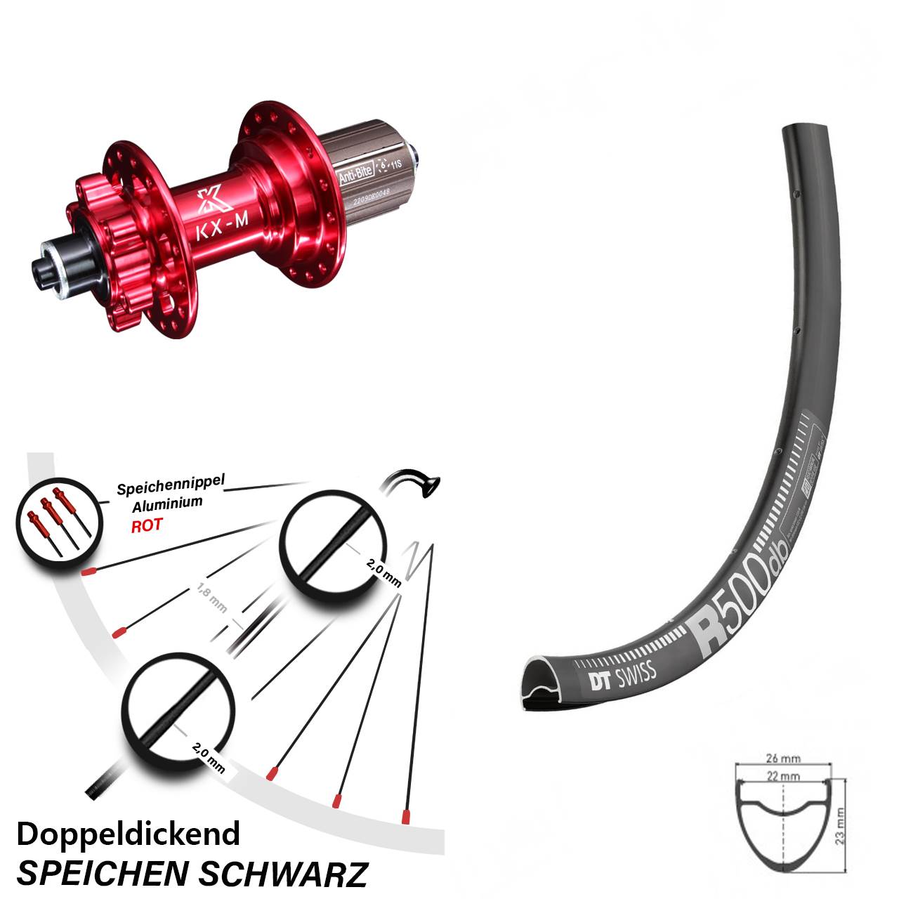 KX-M rot eloxiert 8-12 fach Schnellspanner DT Swiss R 500 Hinterrad 28 Zoll für 6-Loch