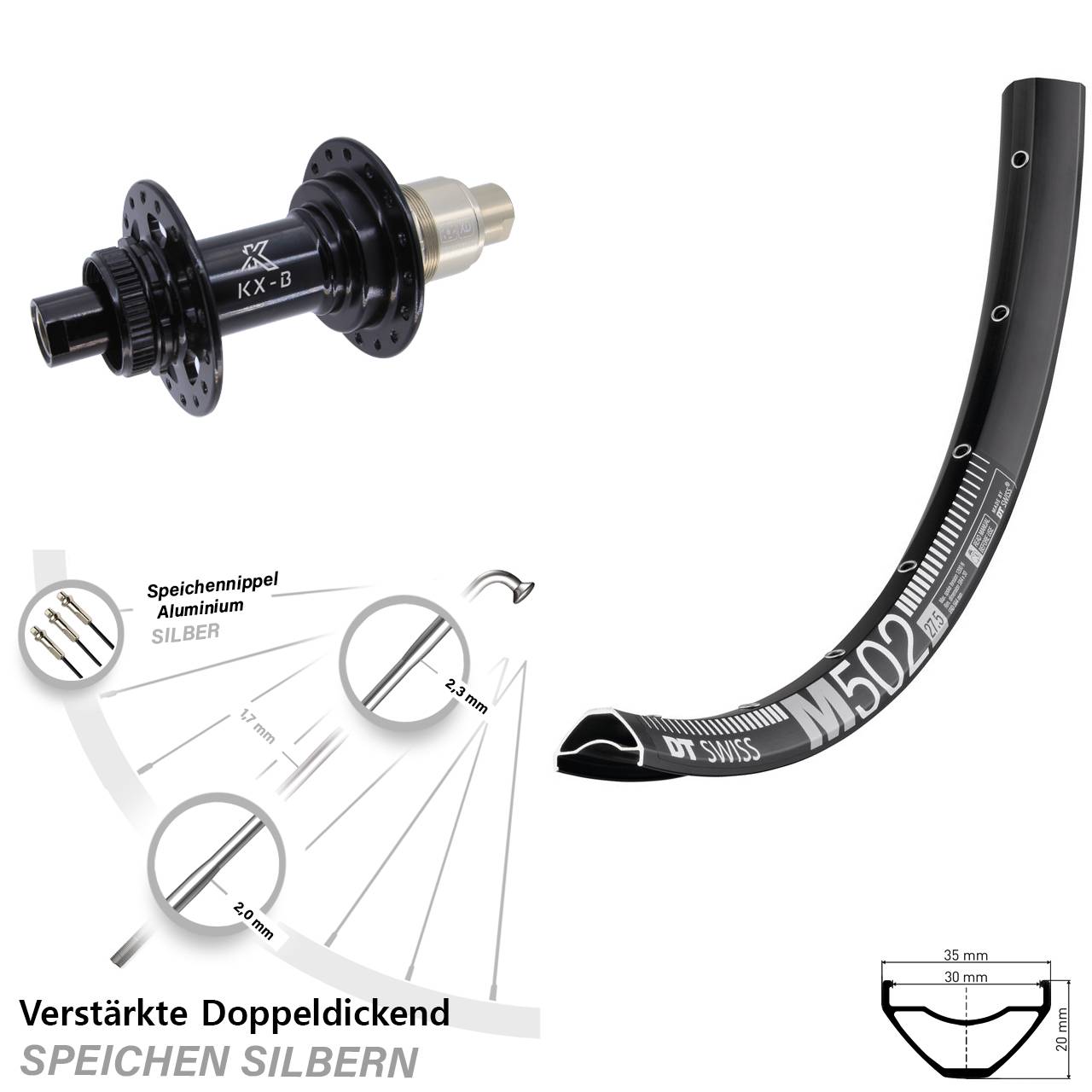 29 Zoll DT Swiss M502 KX-B Hinterrad Centerlock 12x148 Boost XD