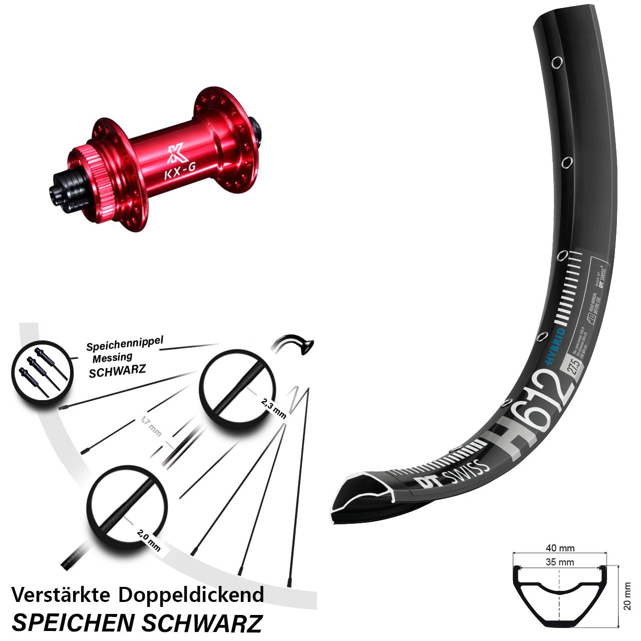 Disc Vorderrad 27,5 Zoll DT Swiss H 612 KX-G rot für Schnellspanner