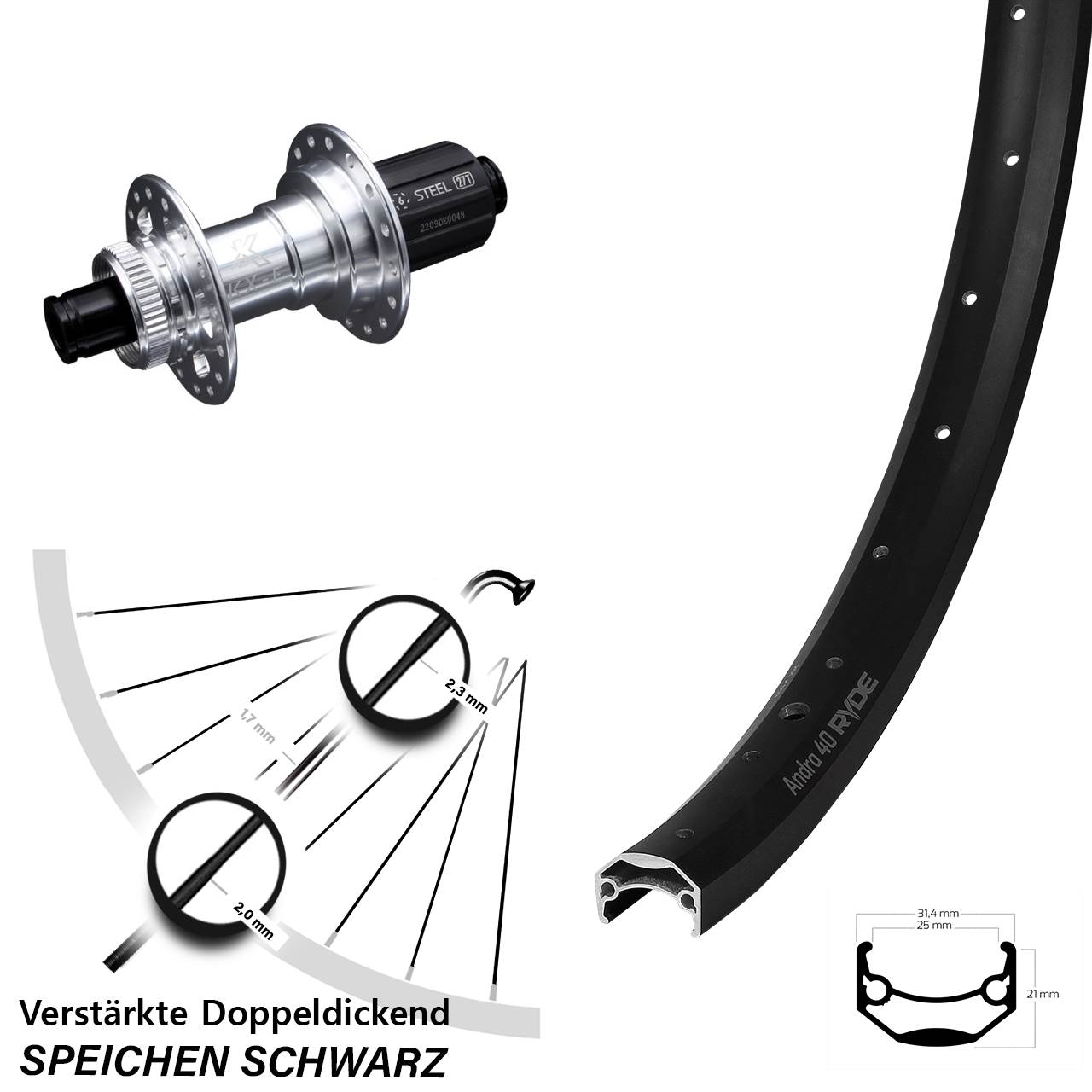 Centerlock Hinterrad 28 Zoll Ryde Andra 40 Disc KX-E Stahlachse 8-12 fach 12x142