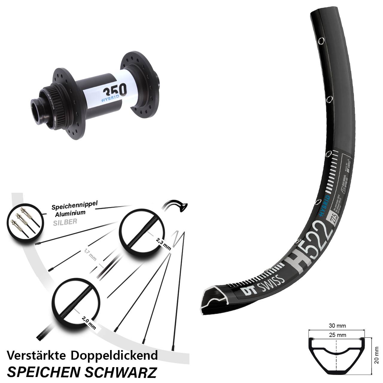29 Zoll Vorderrad H 522 DT Swiss 350 Hybrid Boost 15x110 mm Centerlock verstärkt E-Bike