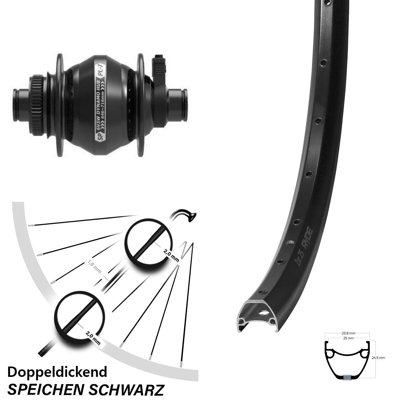 Disc Nabendynamovorderrad 28-29 Zoll Ryde ZAC 25 Shutter Precision PL-7 12x100