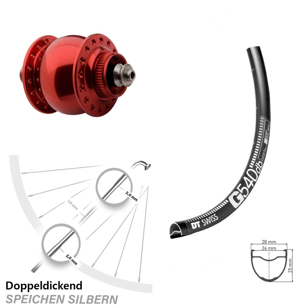 650B DT Swiss G540 SON delux rot Dynamo-Vorderrad Centerlock für Schnellspanner