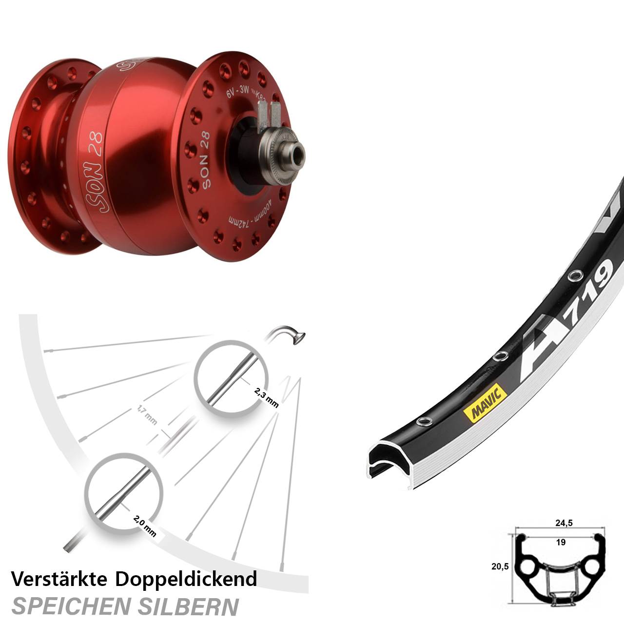 Nabendynamolaufrad roter SON 28 Zoll Mavic A 719 QR