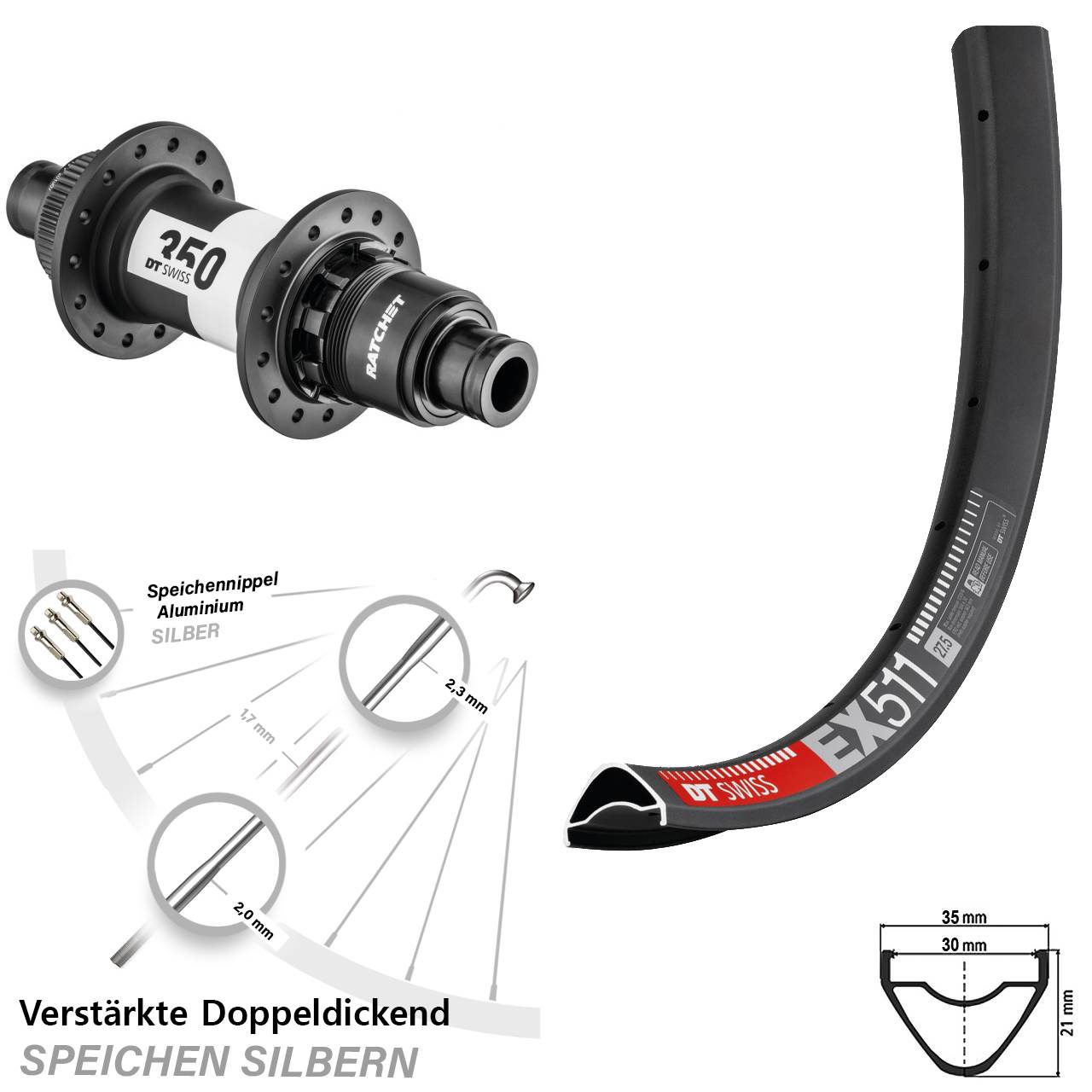 29 Zoll DT Swiss EX 511-350 Boost Hinterrad Centerl. 12x148 XD