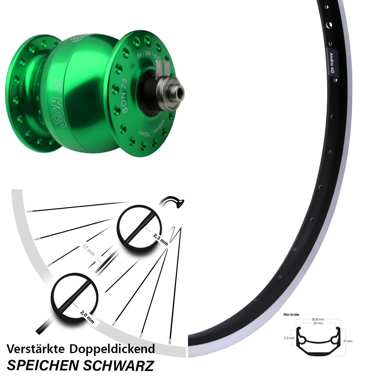 SON 28 grün Ryde Andra 40 26 Zoll Laufrad mit Nabendynamo QR