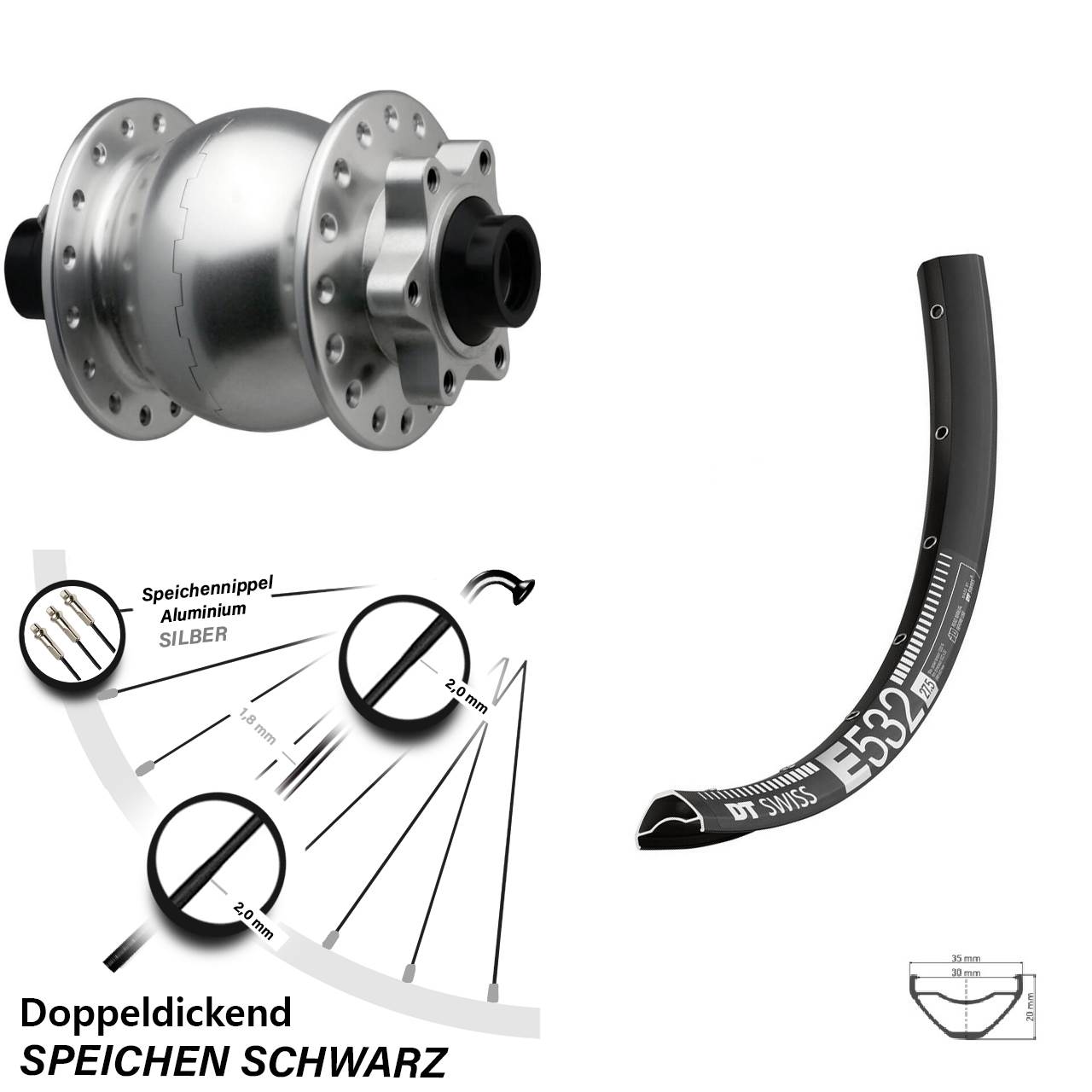 SON 28 silbern DT Swiss E532 29 Zoll 6-Loch Nabendynamo-Vorderrad 15x110 Boost