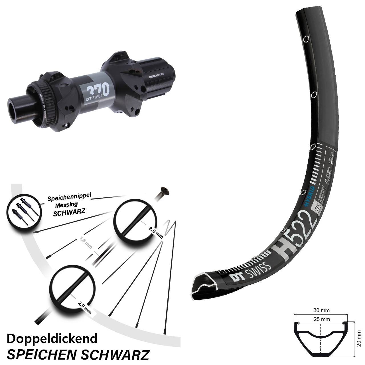 27,5 Zoll DT Swiss H 522 370 Straightpull Disc Hinterrad 12x148 8-11 fach