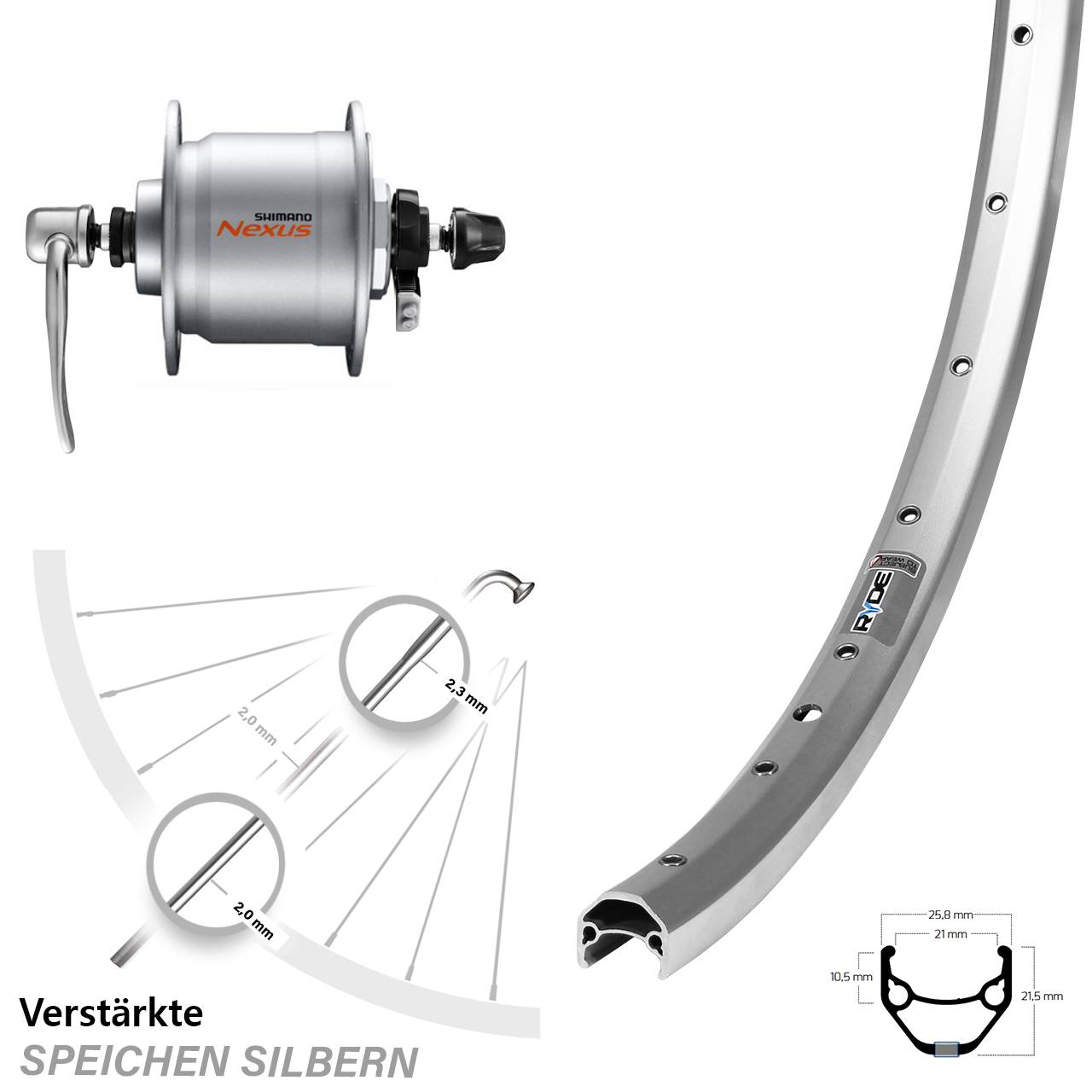 Nabendynamolaufrad 27,5 Zoll Ryde ZAC 421 Shimano DH-C3000 für Schnellspanner
