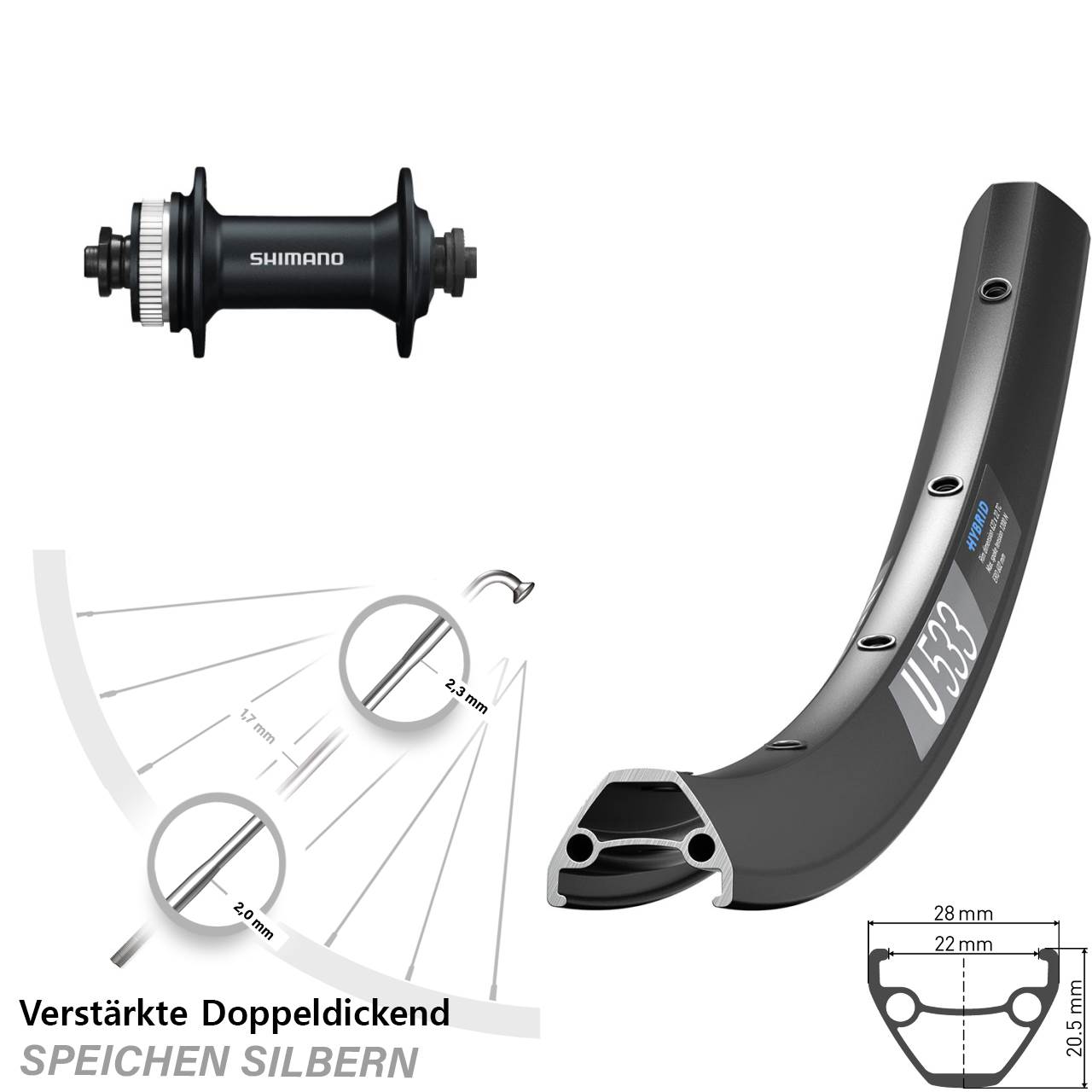 Disc Vorderrad 28-29 Zoll DT Swiss U 533 Shimano HB-M4050 für Schnellspanner