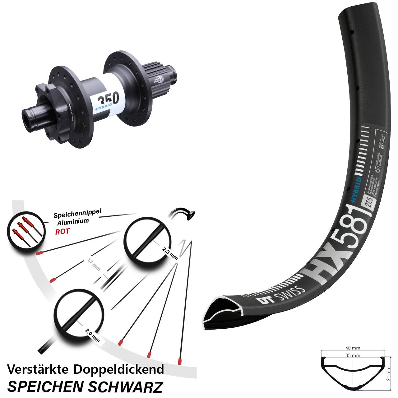 HX 581 DT Swiss Hybrid 350 27,5 Zoll Disc Hinterrad 12x148 Boost Micro Spline
