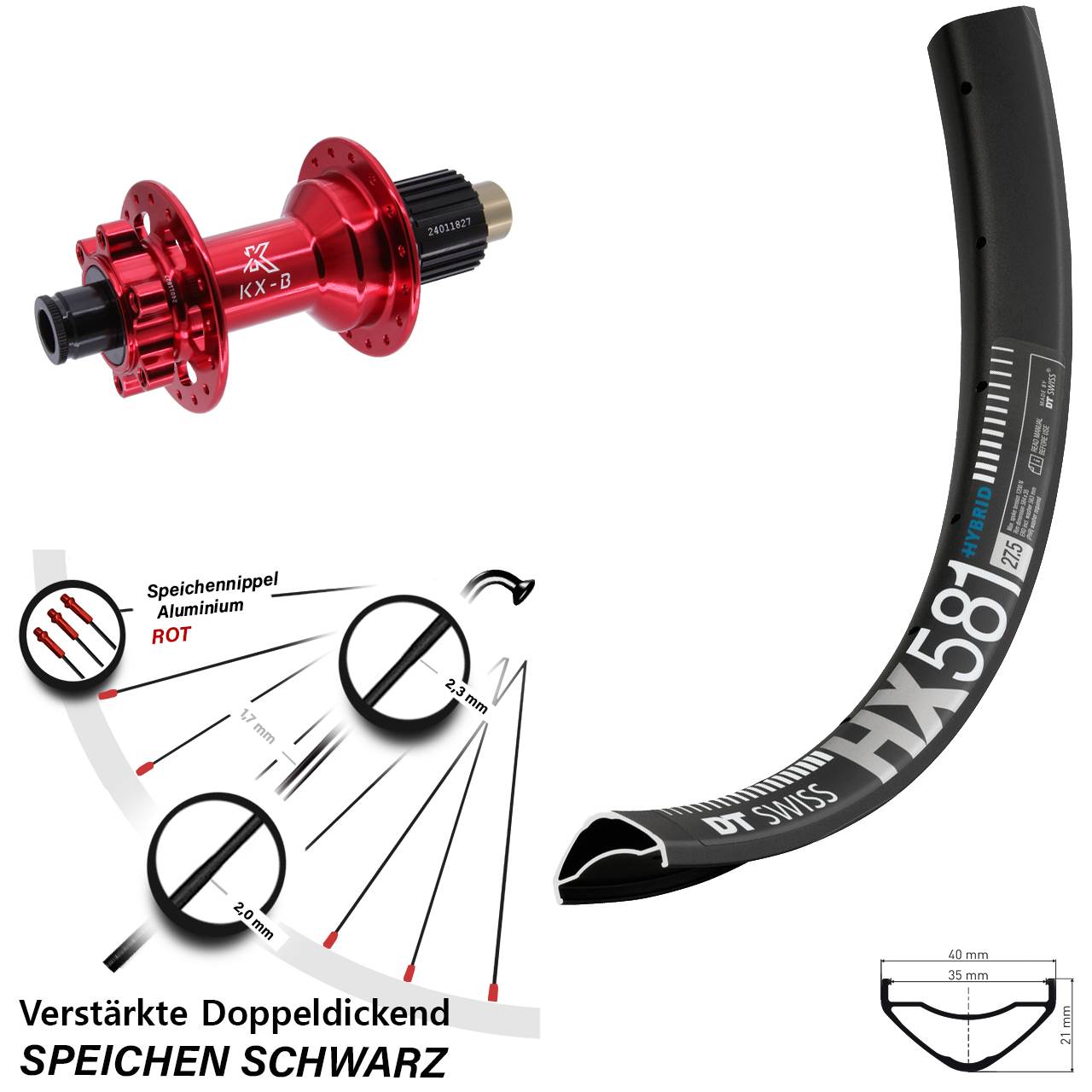 DT Swiss HX 581 KX-B rot 27,5 Zoll Hinterrad 6-Loch 12x148 Shimano Micro Spline