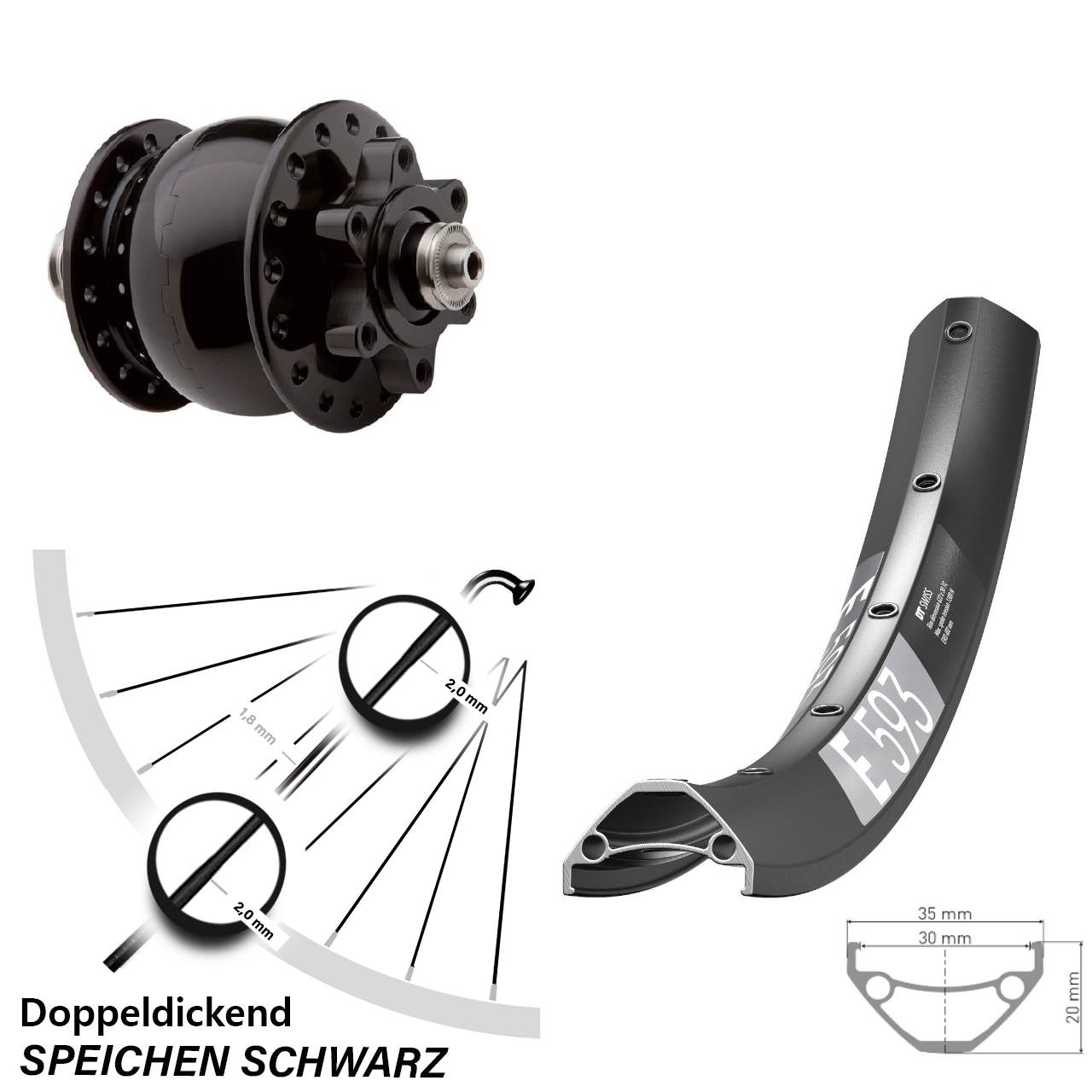 Nabendynamovorderrad 6-Loch für Schnellspanner 650B DT Swiss E593 SON 28