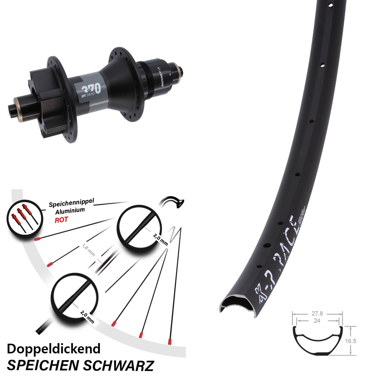 KX-R Race DT Swiss 370 Disc Hinterrad für Schnellspanner XD