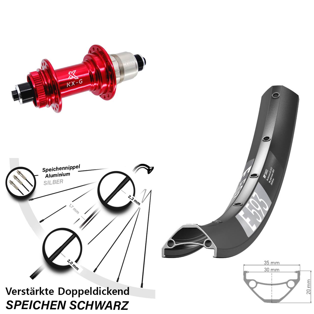 Hinterrad Centerlock 29 Zoll DT Swiss E 593 KX-G rot XDR QR