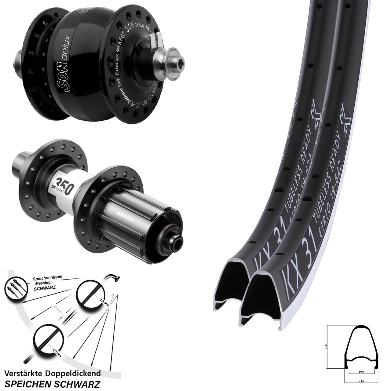 28 Zoll KX 31 DT Swiss 350 SON delux Laufrad-Satz für Schnellspanner 11-12 fach