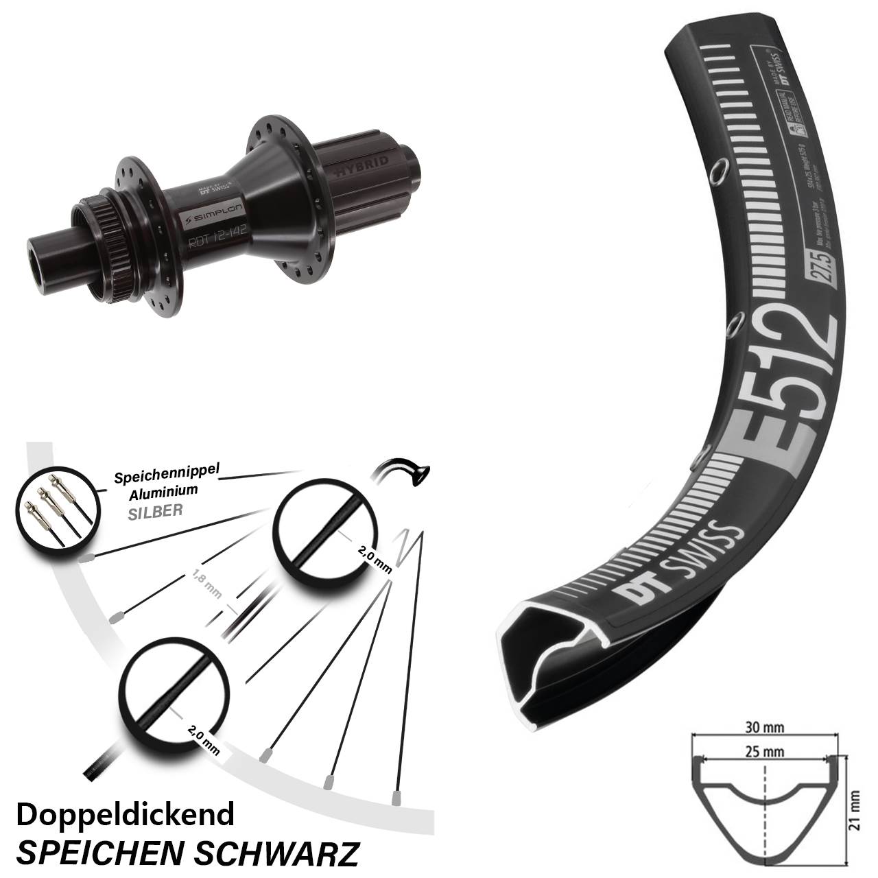 650B DT Swiss E 512-370 Hybrid Centerlock Hinterrad 12x142 8-11 fach HG
