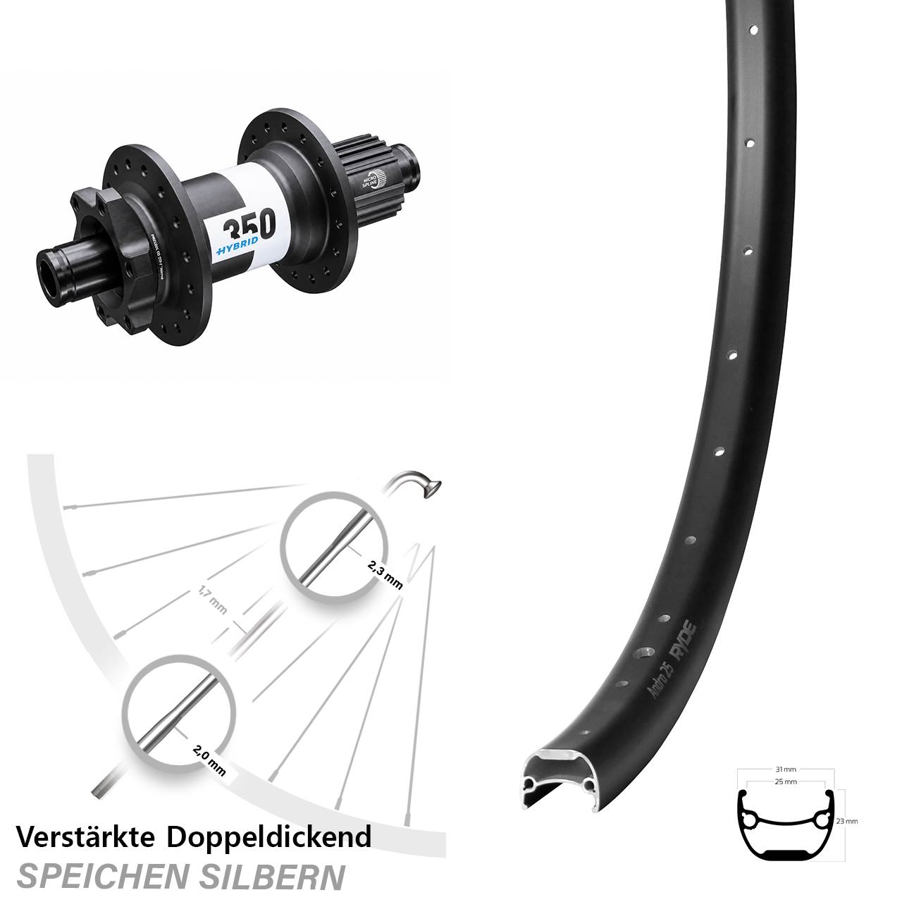 Disc Hinterrad 28 Zoll Ryde Andra 25 DT Swiss 350 Hybrid Micro Spline 12x148