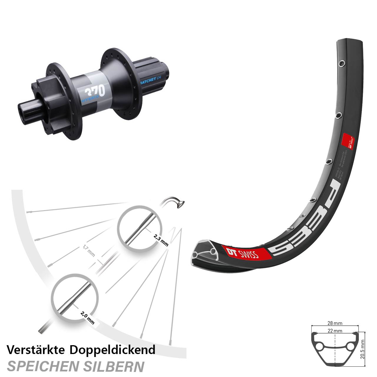Hinterrad 6-Loch 12x148 28 Zoll DT Swiss 533d-370 Hybrid 8-11 fach HG