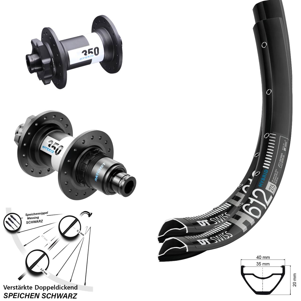 Boost Disc Laufrad-Satz 15x110 12x148 27,5 Zoll DT Swiss H612 DT Swiss 350 Hybrid SRAM XD