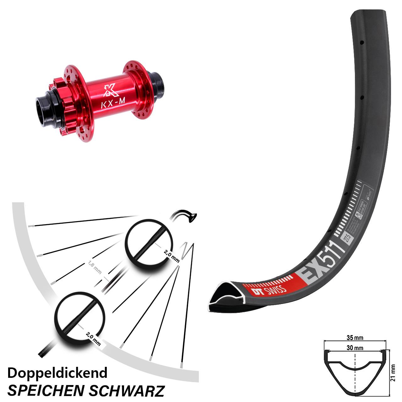 27,5 Zoll DT Swiss EX 511 Disc KX-M 6-Loch Vorderrad 20x110 non Boost
