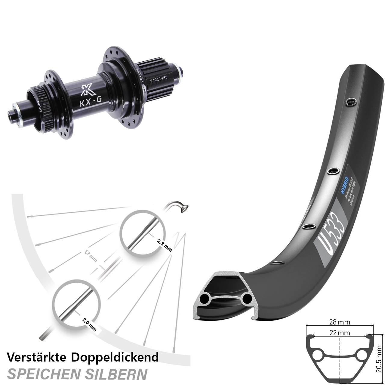 28-29 Zoll DT Swiss U533 KX-G Hinterrad Centerlock für Schnellspanner Micro Spline