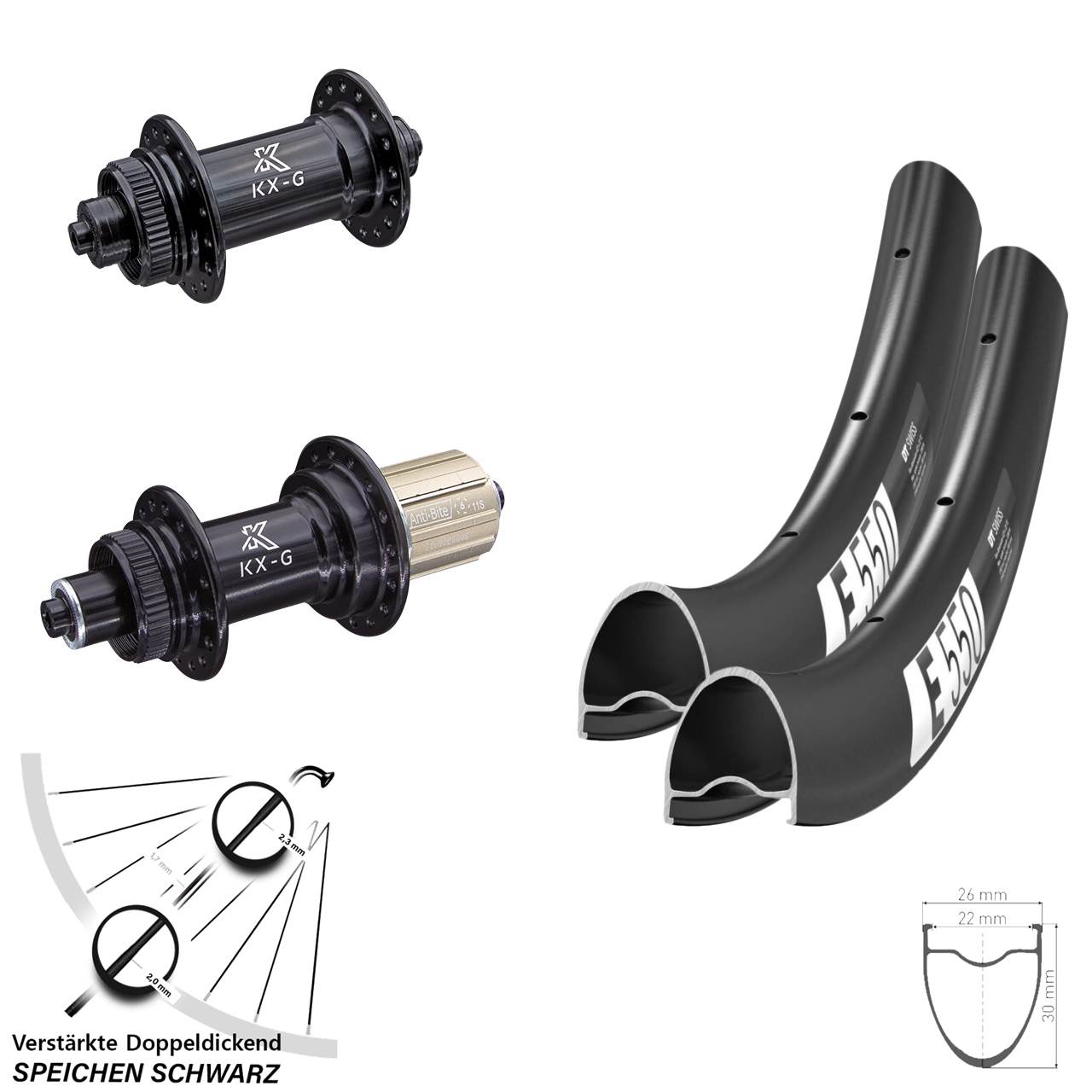 Laufradsatz Centerlock 28 Zoll DT Swiss E550 KX-G 8-12 fach für Schnellspanner