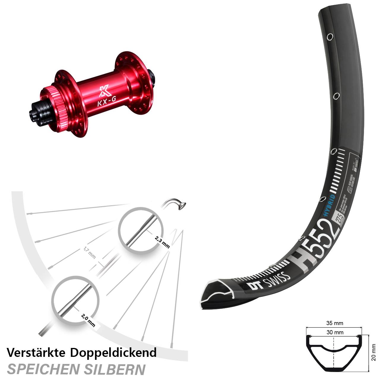 Vorderrad Centerlock QR 29 Zoll DT Swiss H 552 KX-G rot