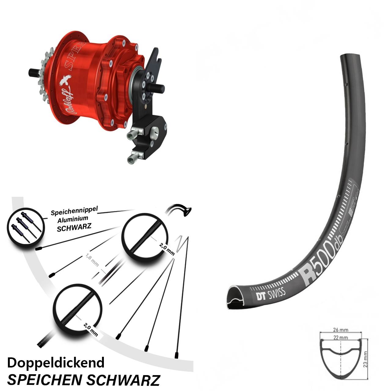 29 Zoll DT Swiss R 500 Rohloff TS DB OEM2 Tandem rot
