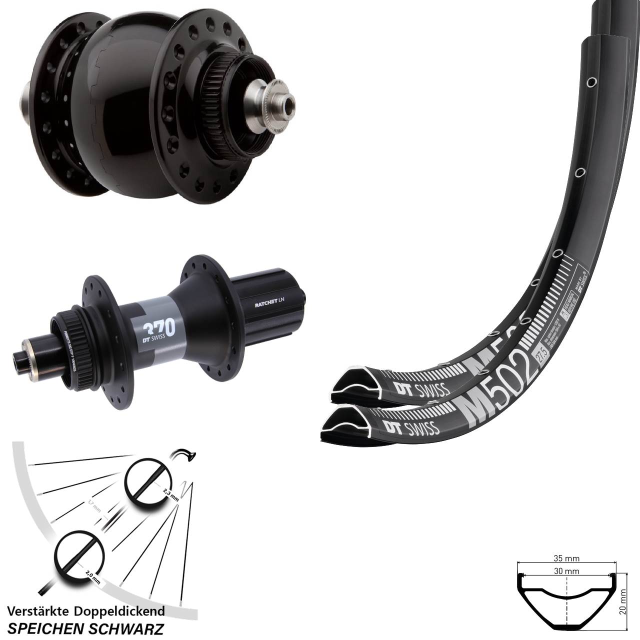 Disc Laufradsatz QR 27,5 Zoll DT Swiss M502 DT Swiss 370 SON 28 8-12 fach