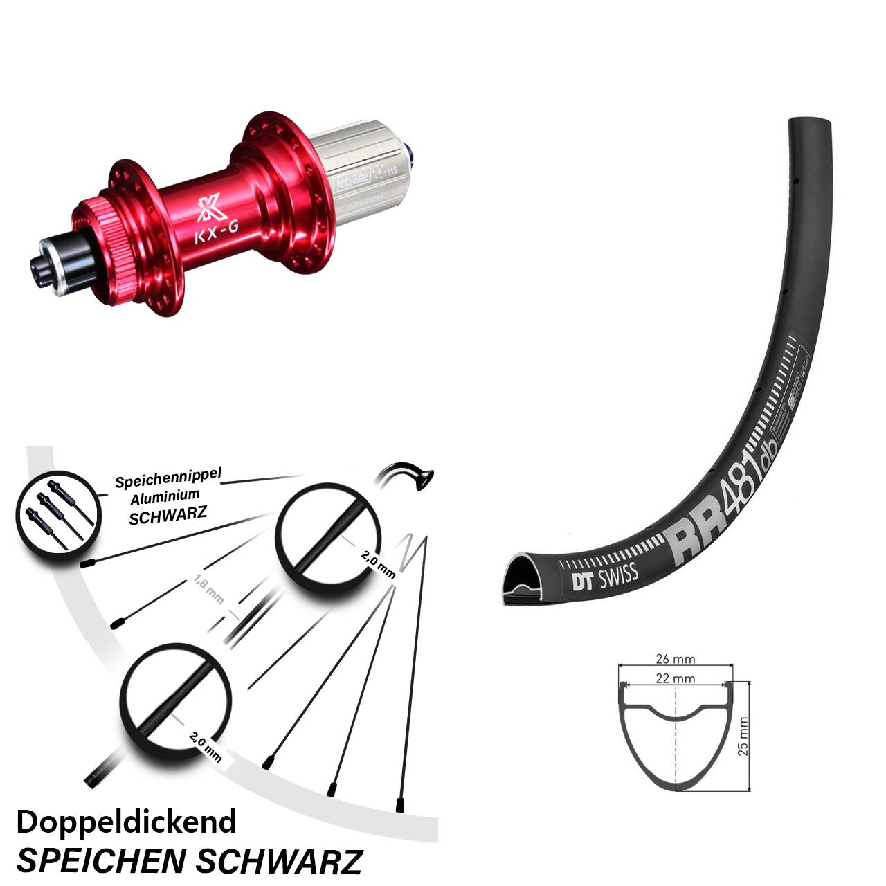 28 Zoll Hinterrad DT Swiss RR 481 DB mit KX-G 8-12 fach rot-eloxiert