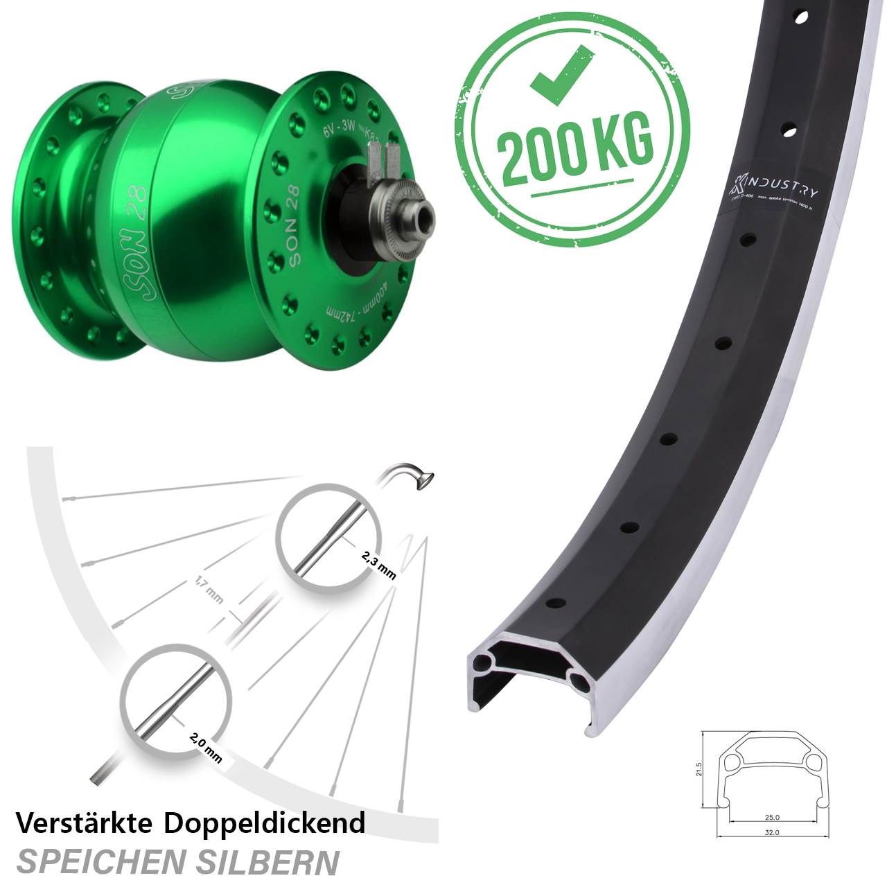 20 Zoll KX Industry SON 28 grün Dynamo-Vorderrad QR