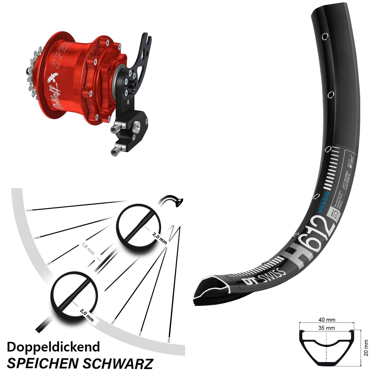 Disc Hinterrrad 27,5 Zoll DT Swiss H 612 Rohloff Speedhub CC DB PM rot