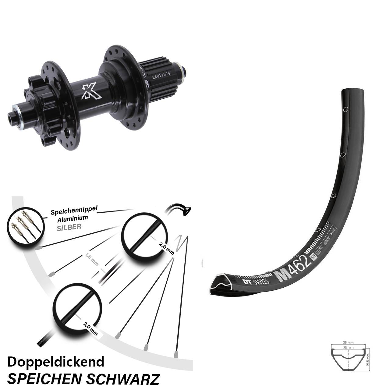 27,5 Zoll DT Swiss M 462 KX-M 6-Loch Hinterrad für Schnellspanner Shimano Micro Spline