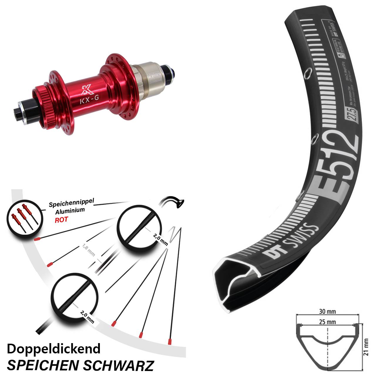 Hinterrad Centerlock QR 27,5 Zoll DT Swiss E512 KX-G rot XD-R