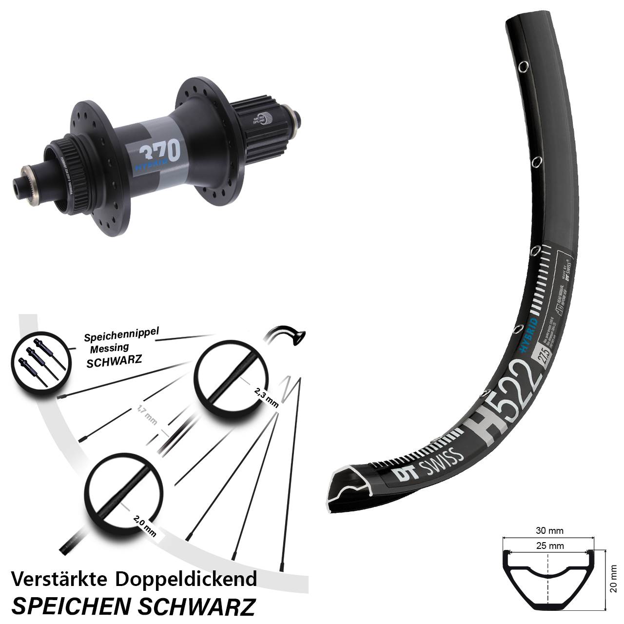 28-29 Zoll DT Swiss H 522-370 Hybrid Centerlock Hinterrad Micro Spline