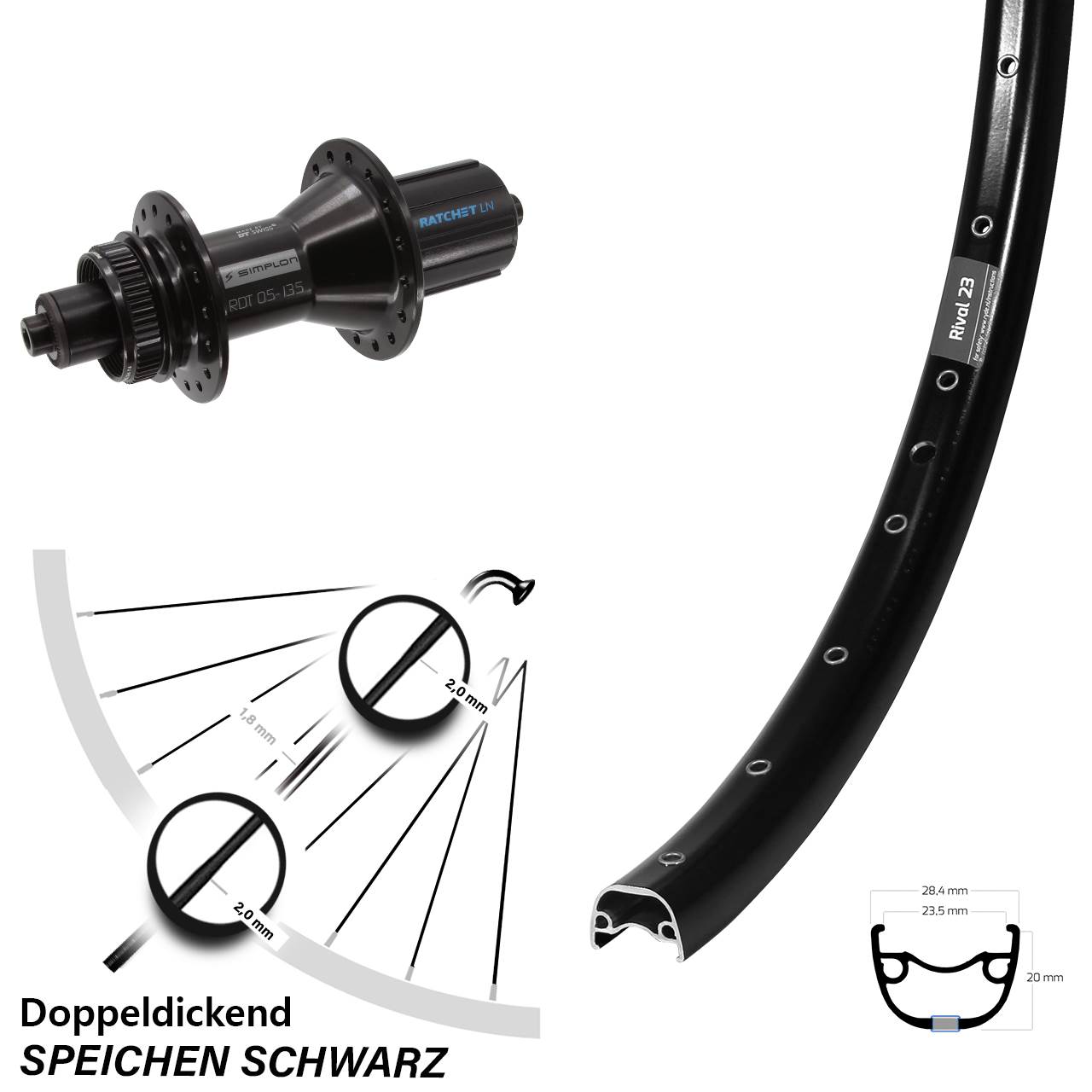 650B Ryde Rival 23 DT Swiss 370 Hybrid Hinterrad Centerlock QR 8-11 fach HG