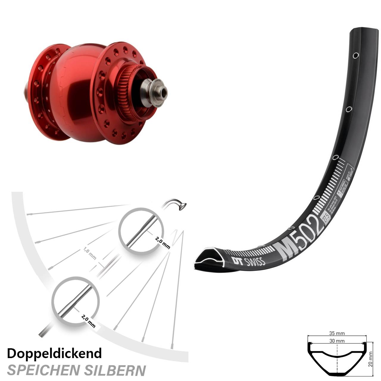 DT Swiss M 502 DB 29 Zoll SON 28 Disc Dynamo rot eloxiert Centerlock