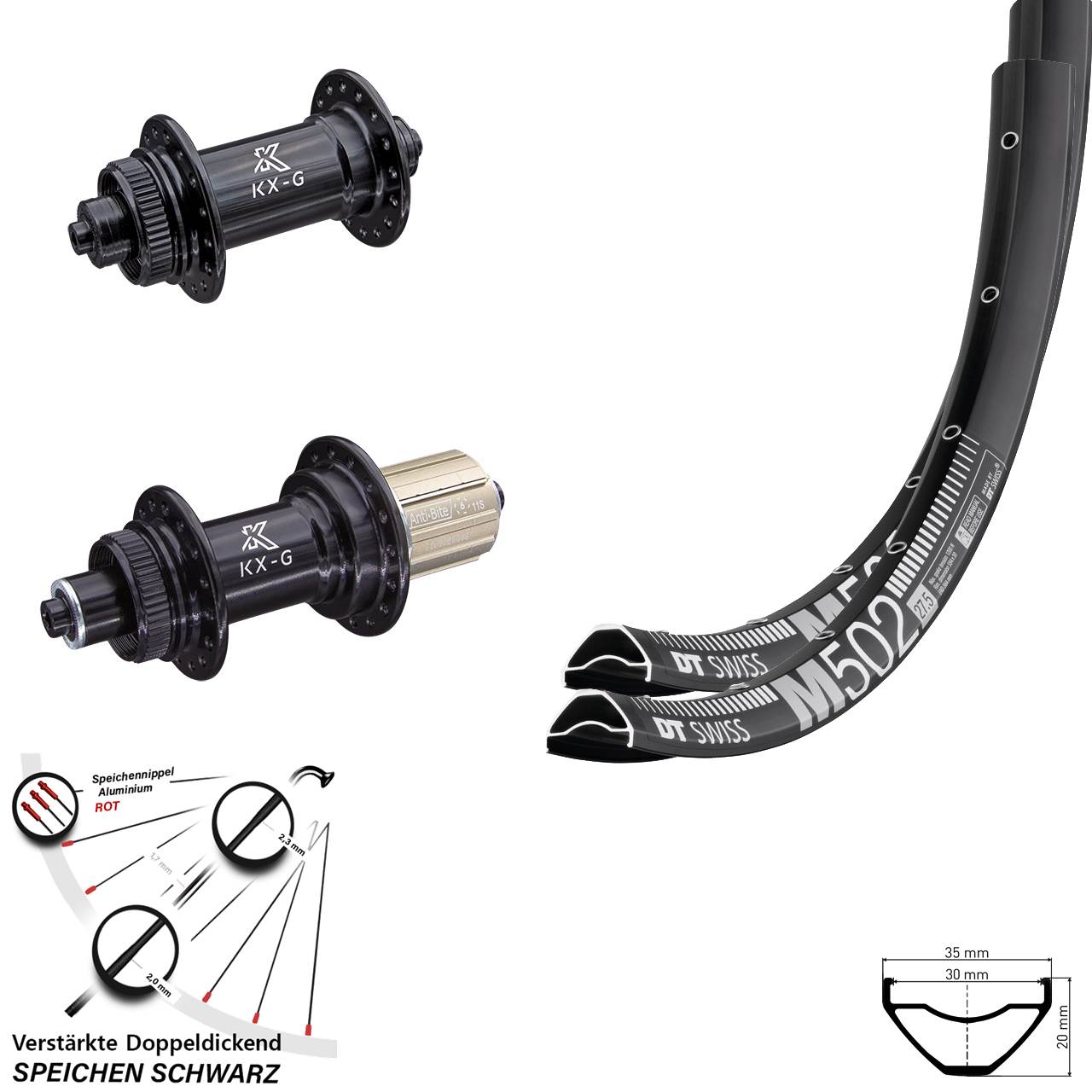 Centerlock Laufradsatz 27,5 Zoll DT Swiss M 502 KX-G 8-12 fach HG für Schnellspanner