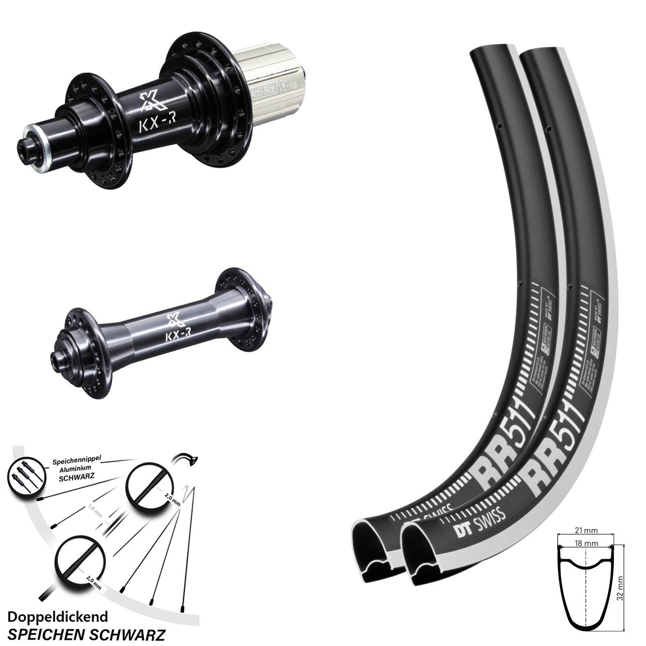 Laufradsatz 28 Zoll KX-R schwarz Rennrad DT Swiss RR 511 Felgenbremse Schnellspanner