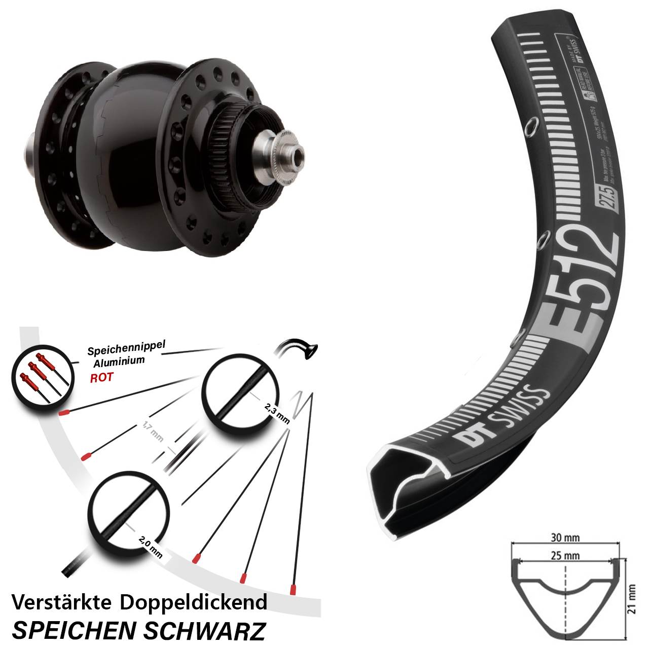 SONdelux DT Swiss E512 27,5 Zoll Nabendynamovorderrad Centerlock für Schnellspanner