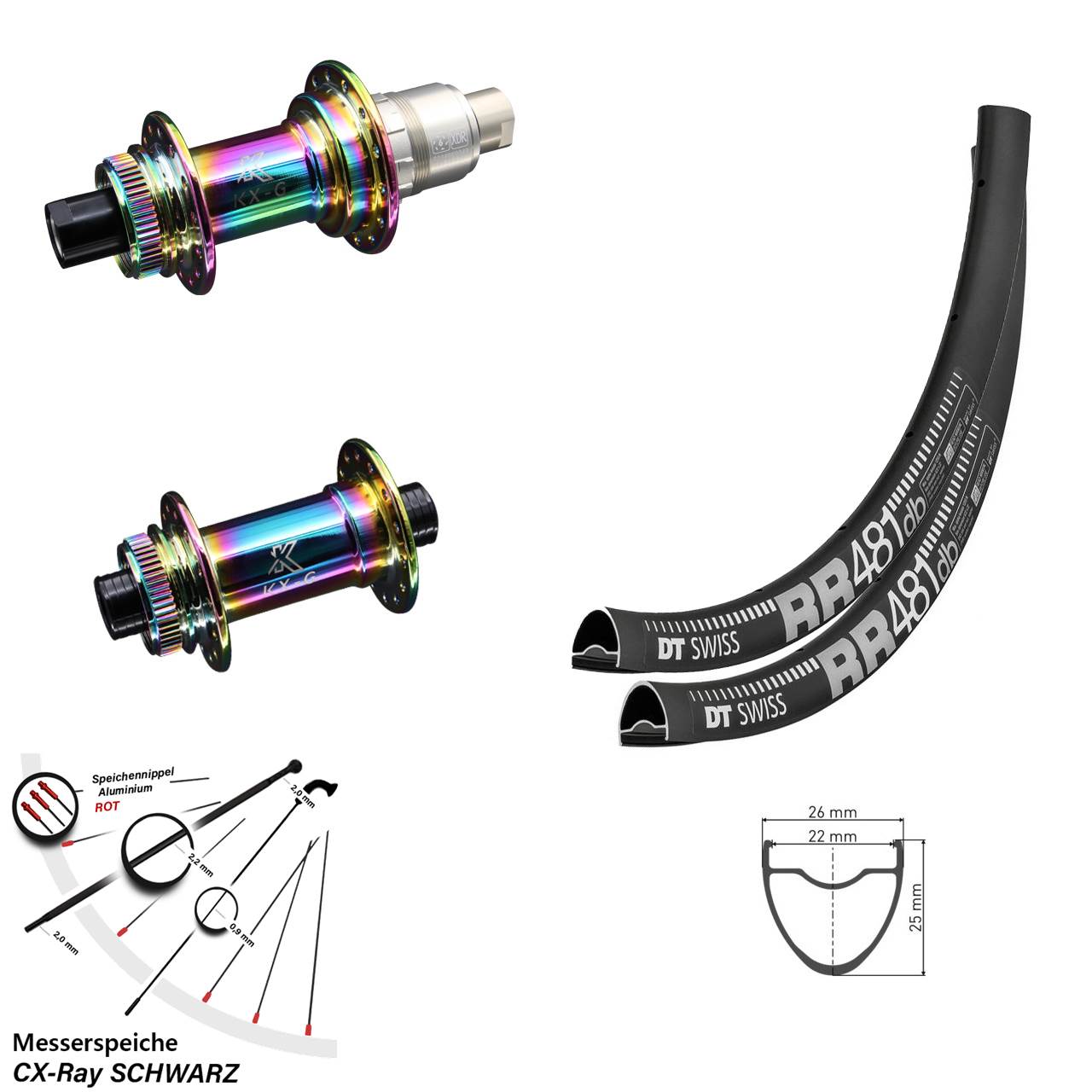 28 Zoll Laufradsatz DT Swiss RR 481 KX-G Sram XDR Oilslick Steckachse CX Ray Messerspeiche