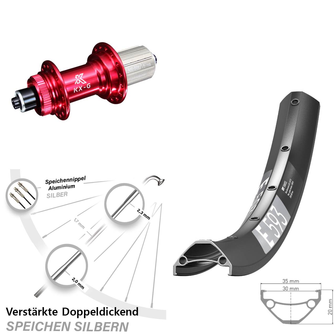 Hinterrad Centerlock für Schnellspanner 29 Zoll DT Swiss E 593 KX-G rot 8-12 fach