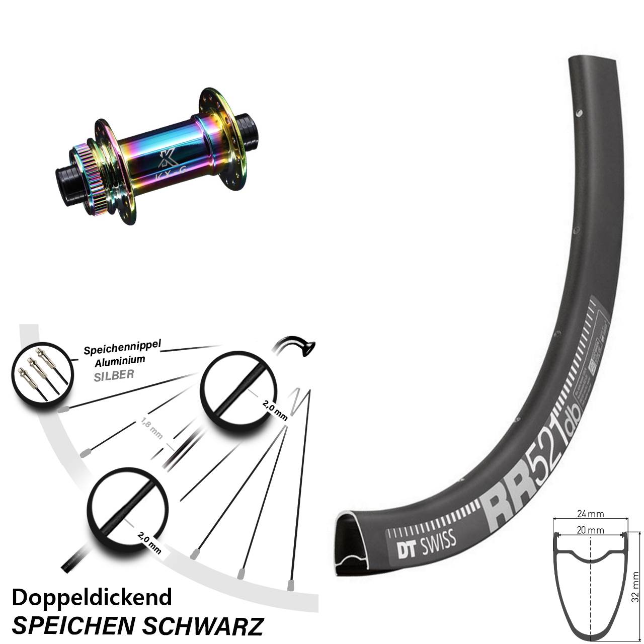DT Swiss RR 521 DB Disc Vorderrad 28 Zoll mit KX-G Nabe Oilslick 12x100 mm Steckachse