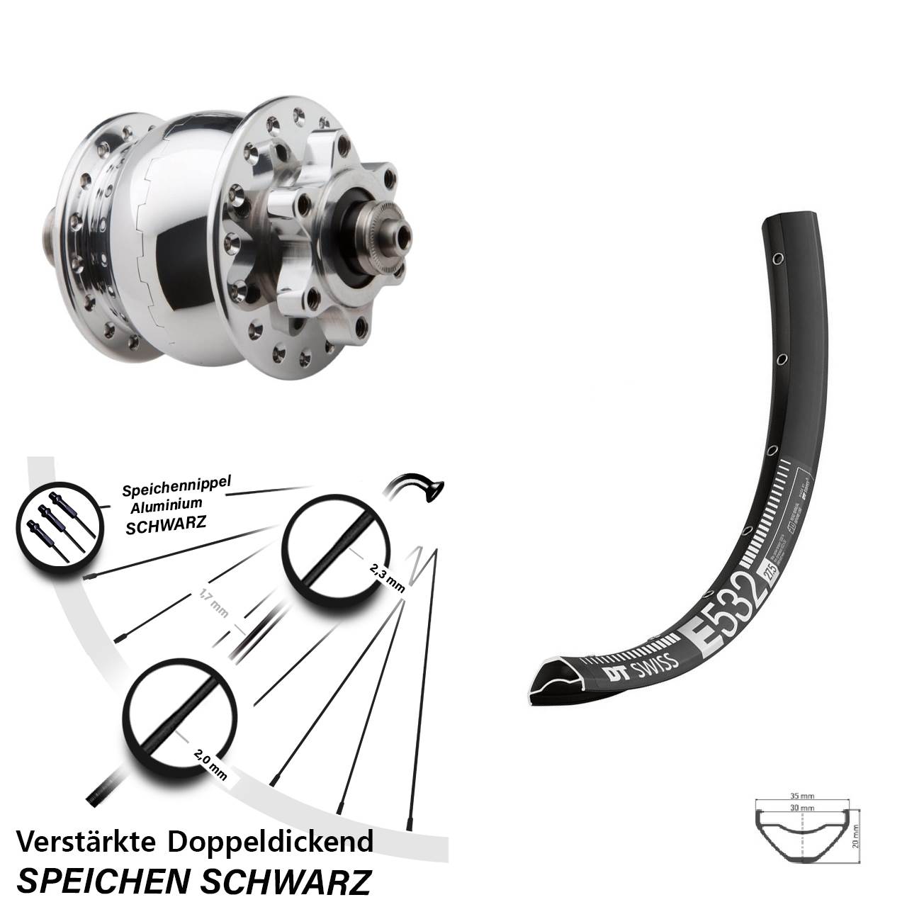 SON 28 poliert DT Swiss E532 27,5 Zoll Disc Laufrad mit Nabendynamo für Schnellspanner