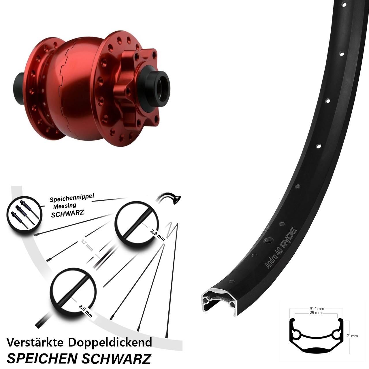 Disc Laufrad mit Nabendynamo 26 Zoll Ryde Andra 40 SON 28 rot 15x100