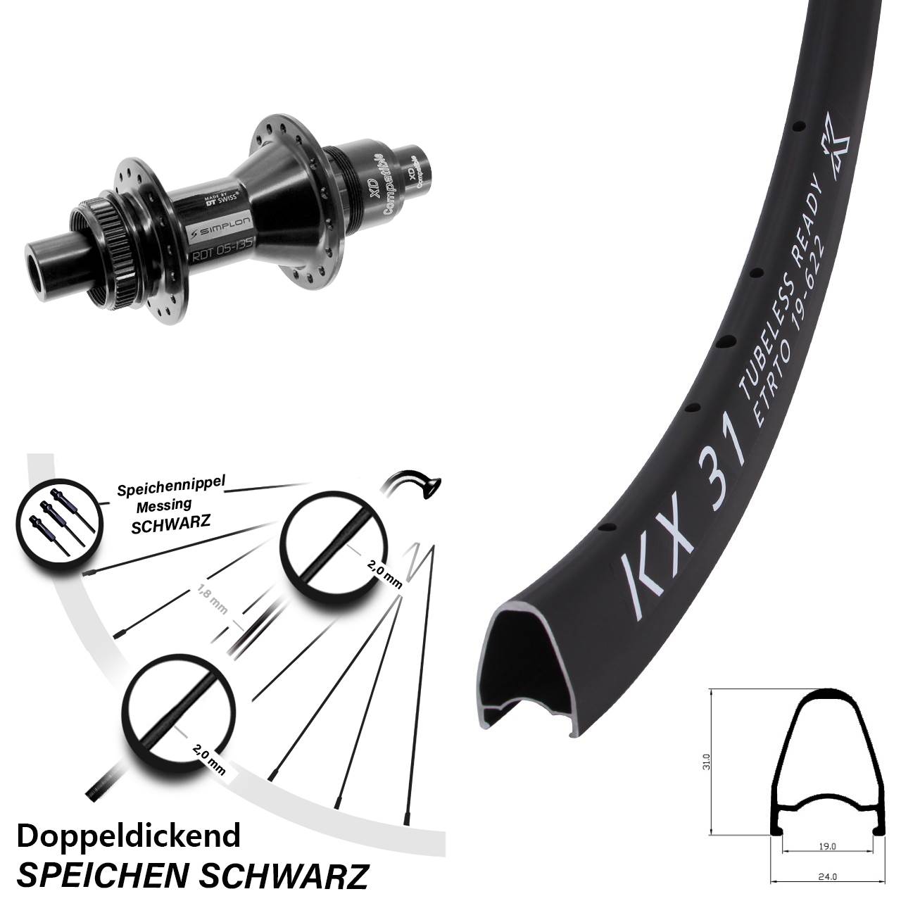 28 Zoll KX 31 DT Swiss 370 Centerlock Hinterrad 12x142 XD