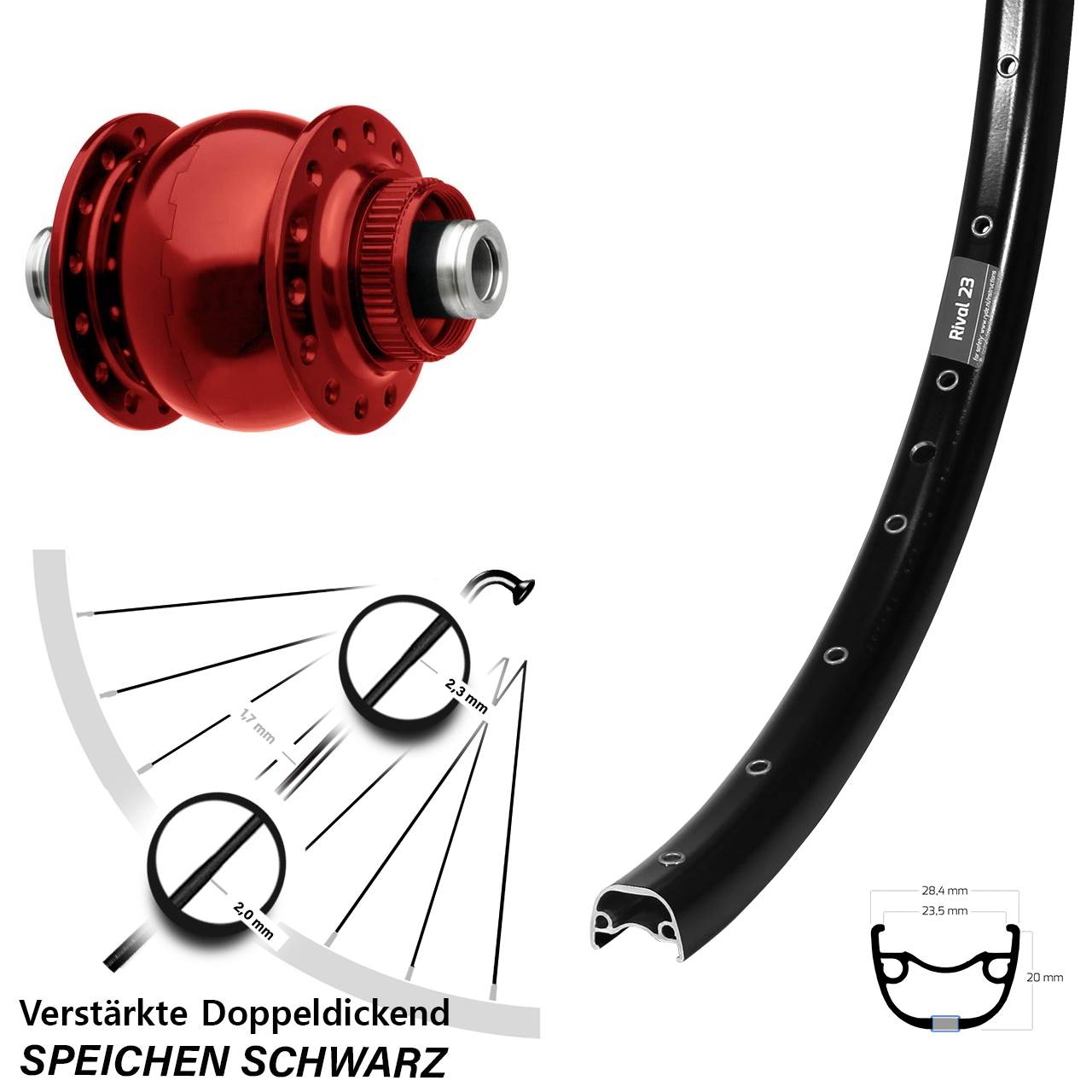 Nabendynamovorderrad Centerlock 12x100 27,5 Zoll Ryde Rival 23 SON 28 rot