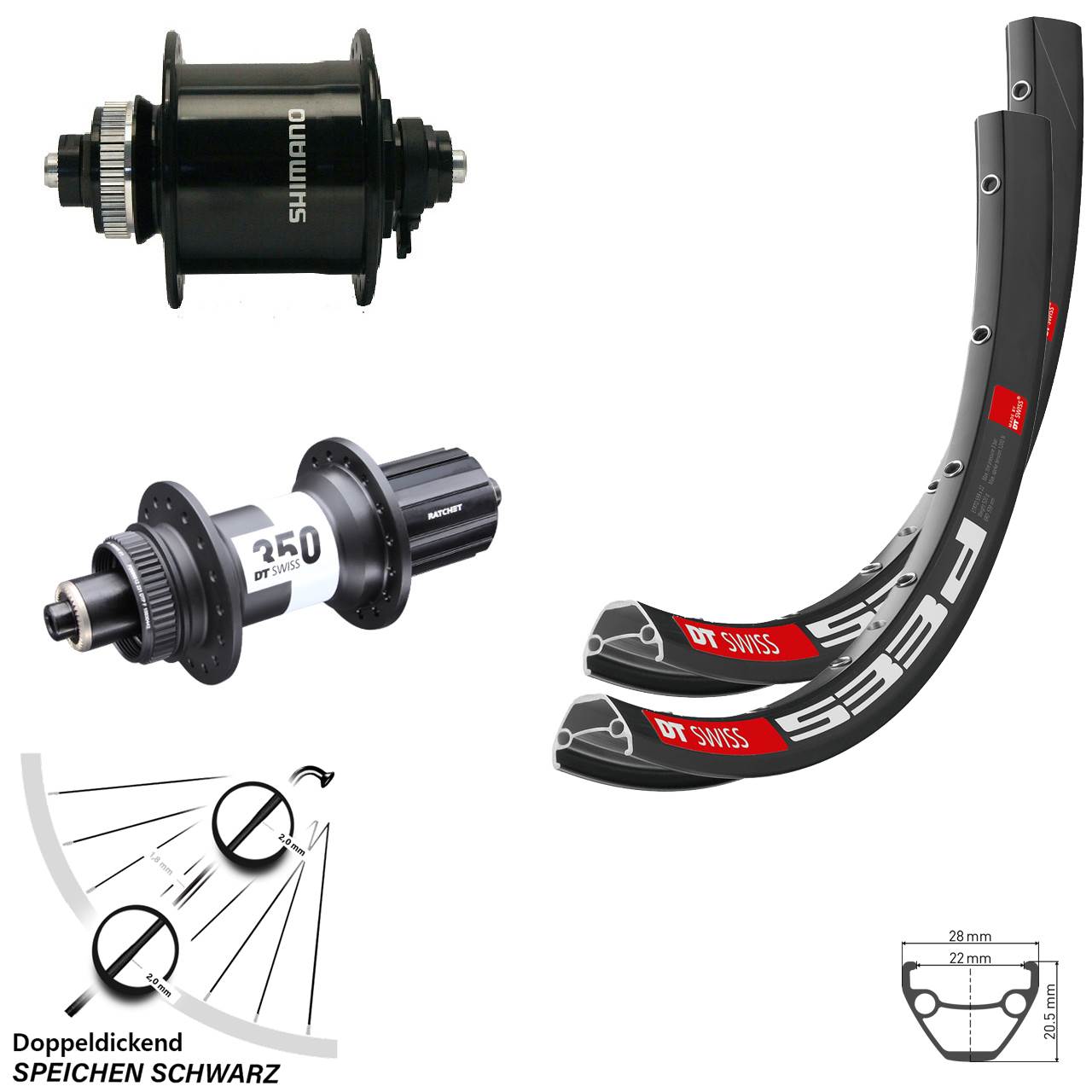 Laufradsatz 28 Zoll DT Swiss 533d-350 Ratchet 36 Shimano DH-UR700 8-11 fach QR