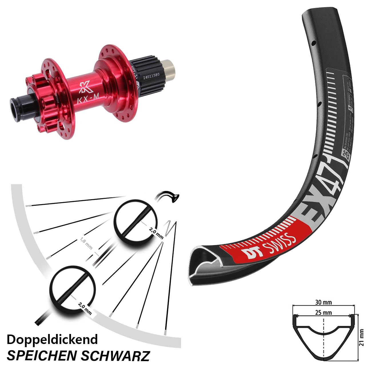 26 Zoll DT Swiss EX 471 Hinterrad KX-M rot Micro Spline 12x142